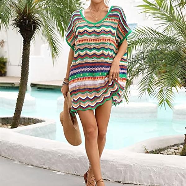 Vrouwen Crochet Strand Bikini Cover Up Korte Mouw Holle uit Crochet Cover Ups Dress Zomer Zwemkleding Top (Color : Green, Size : XL)